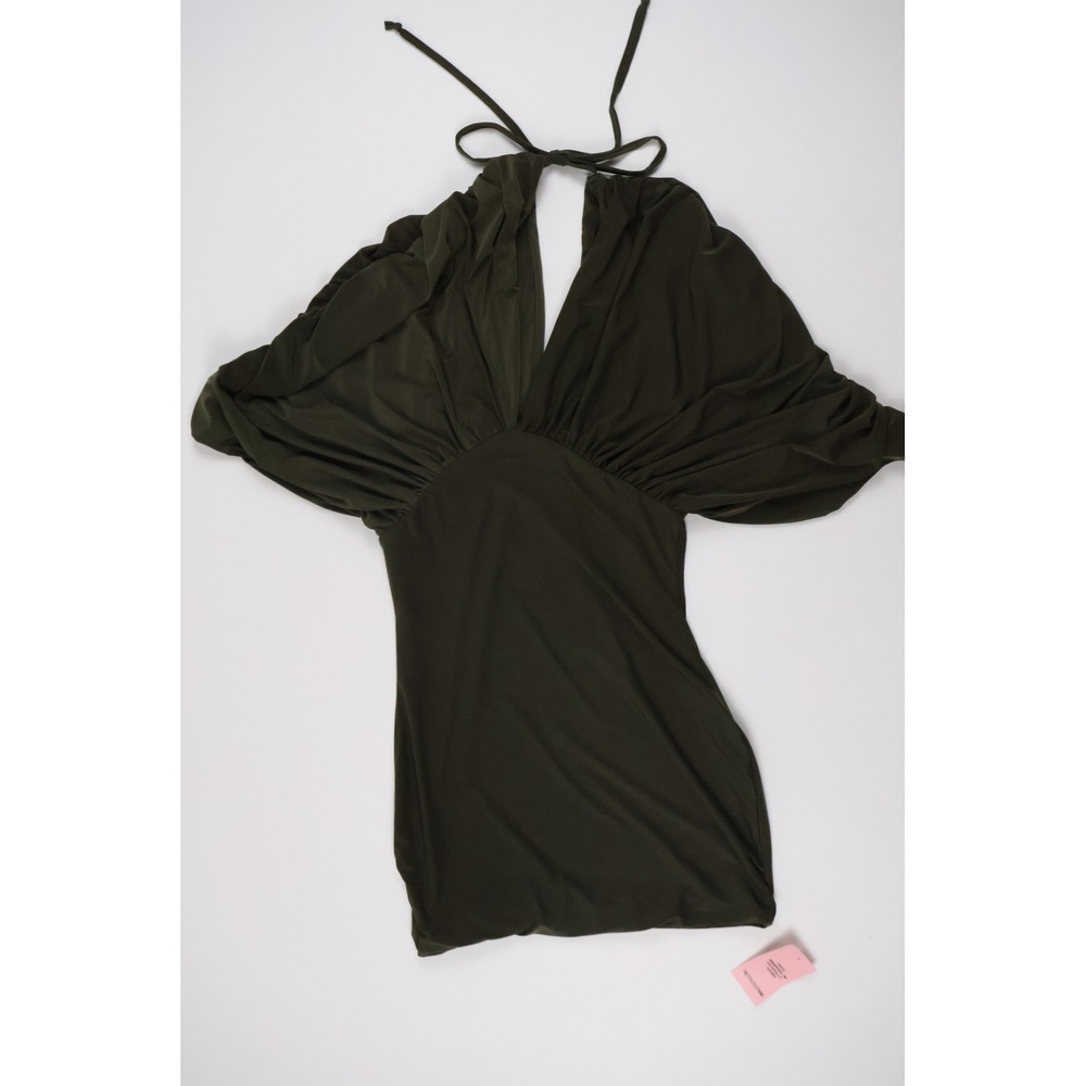 PrettyLittleThing Petite V-neck Extreme Ruched Sleeve Mini Dress Olive S NWT